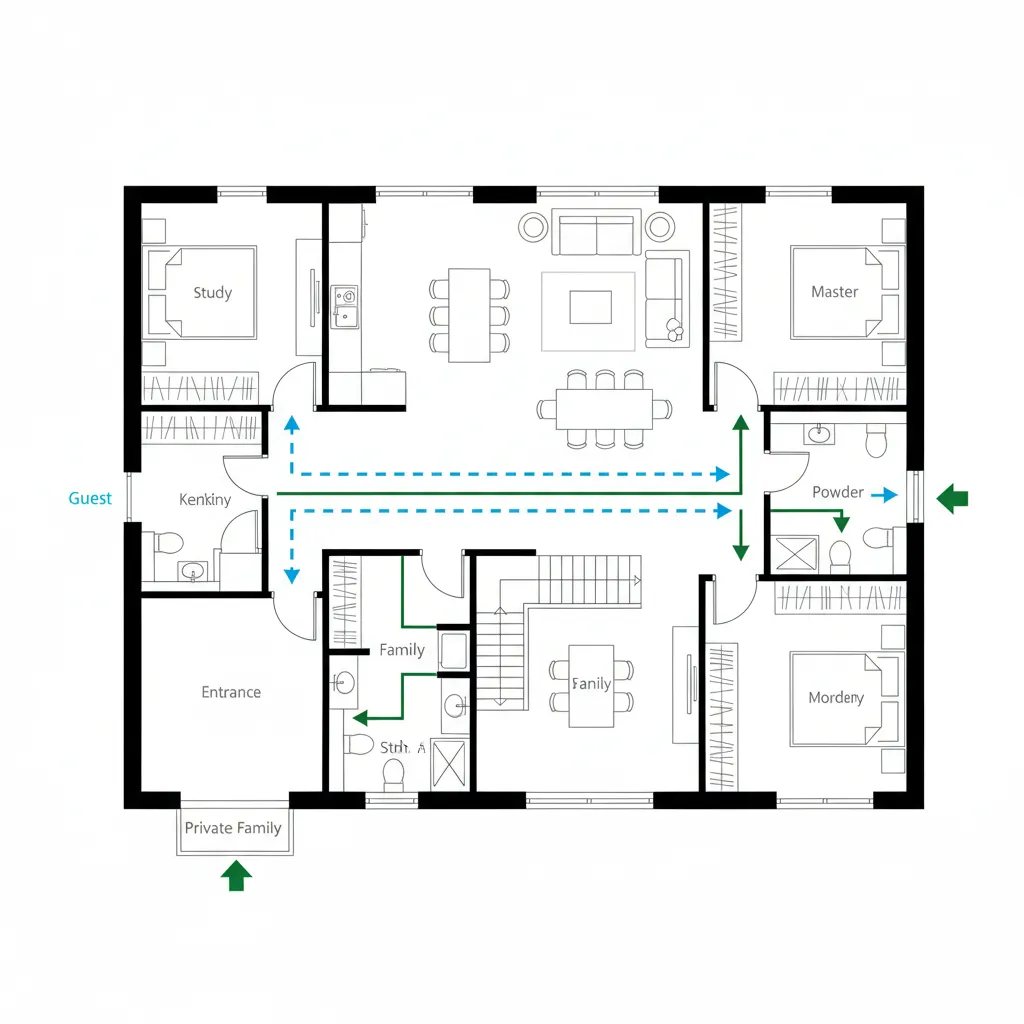 Floor plan with blue and green arrows showing movement paths between rooms and common areas