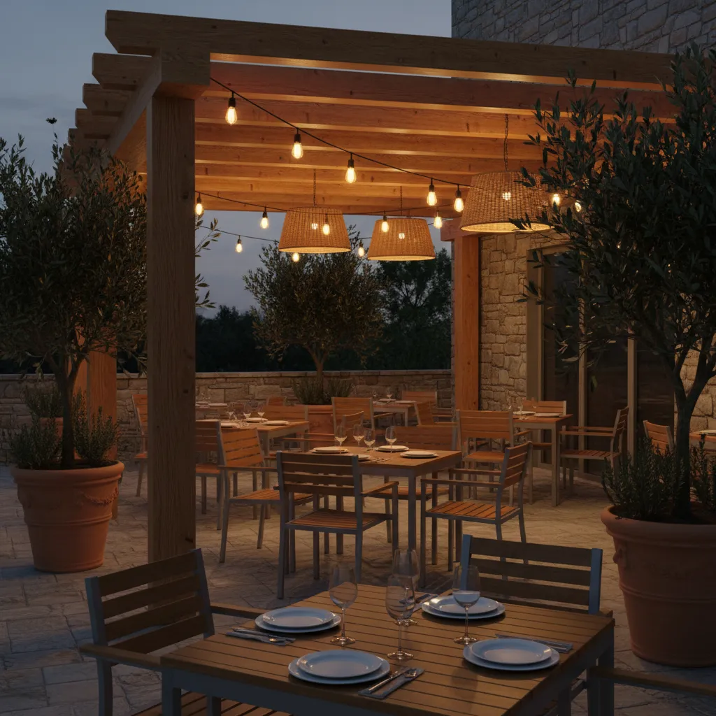 Amber LED lighting illuminating an outdoor patio seating area