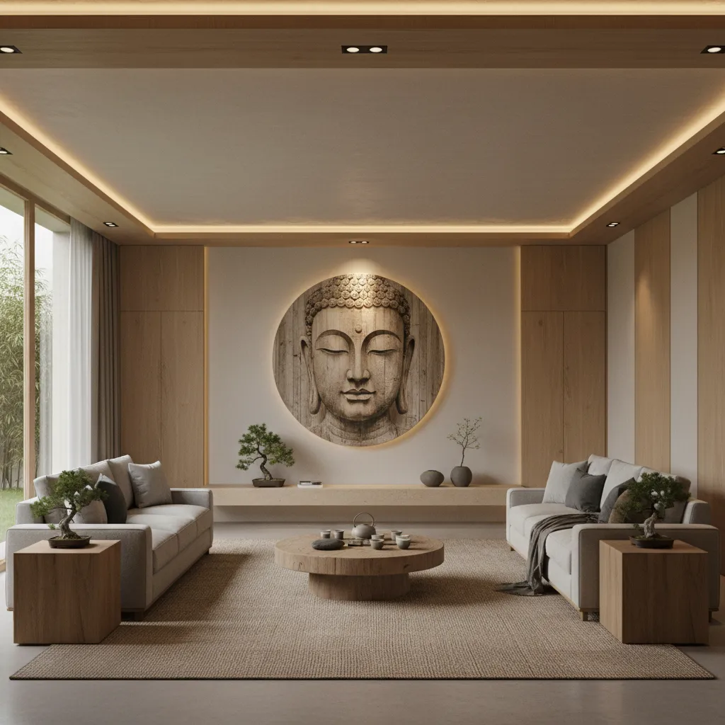room with ambient lighting and accent spotlight highlighting Buddha wall art