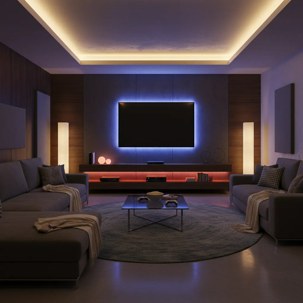Entertainment room with LED strip lighting and ambient glow