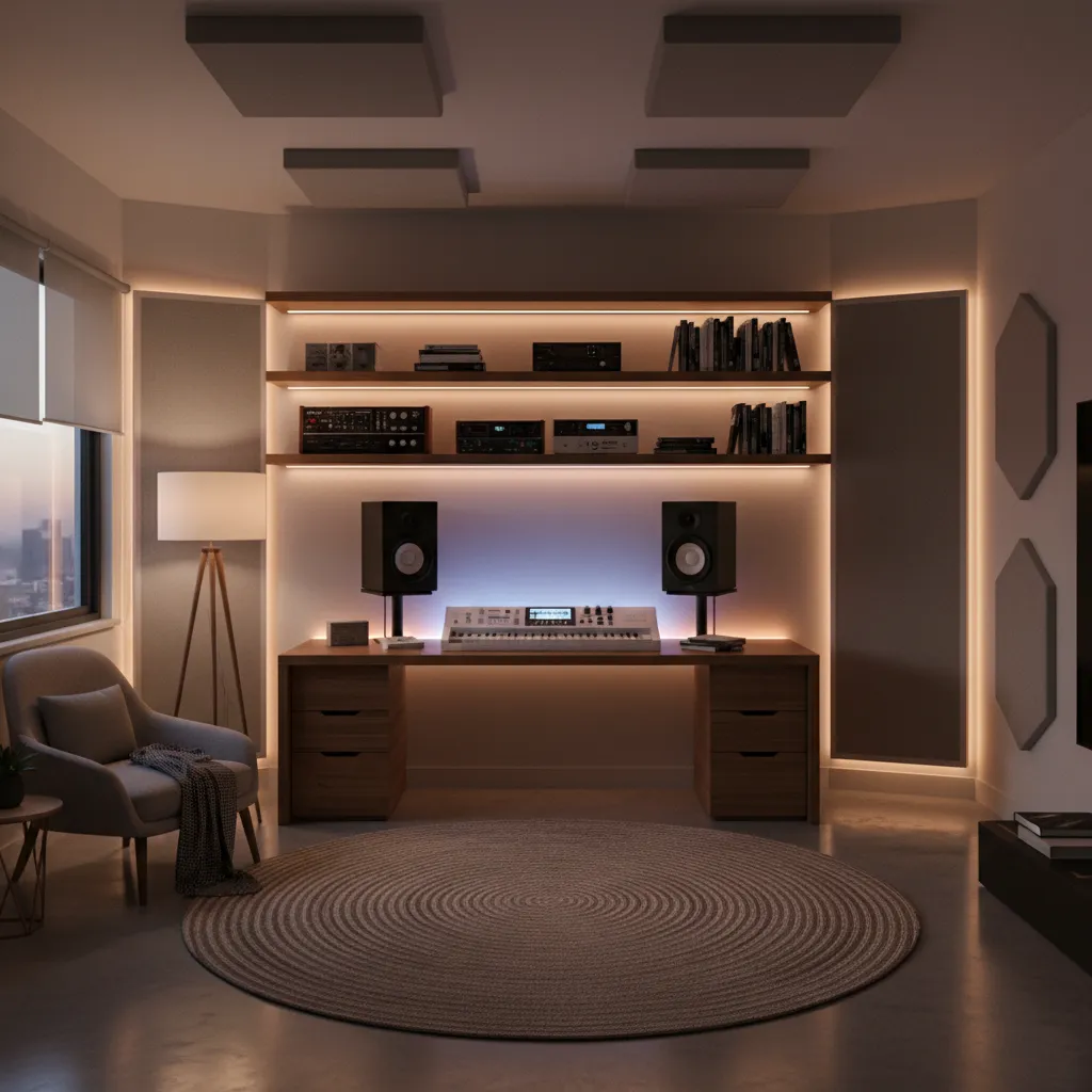 Creative home studio with ambient lighting and music production setup