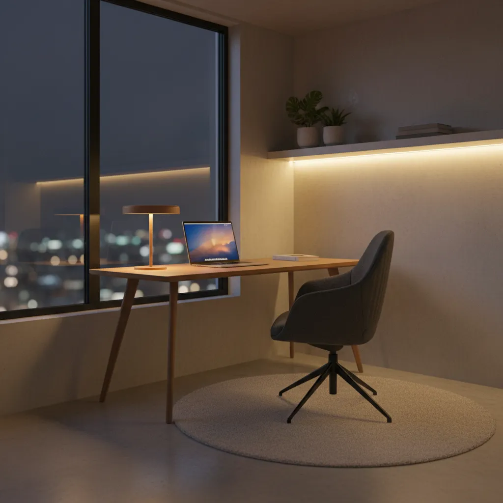 Workspace with warm desk lamp and laptop using night light mode