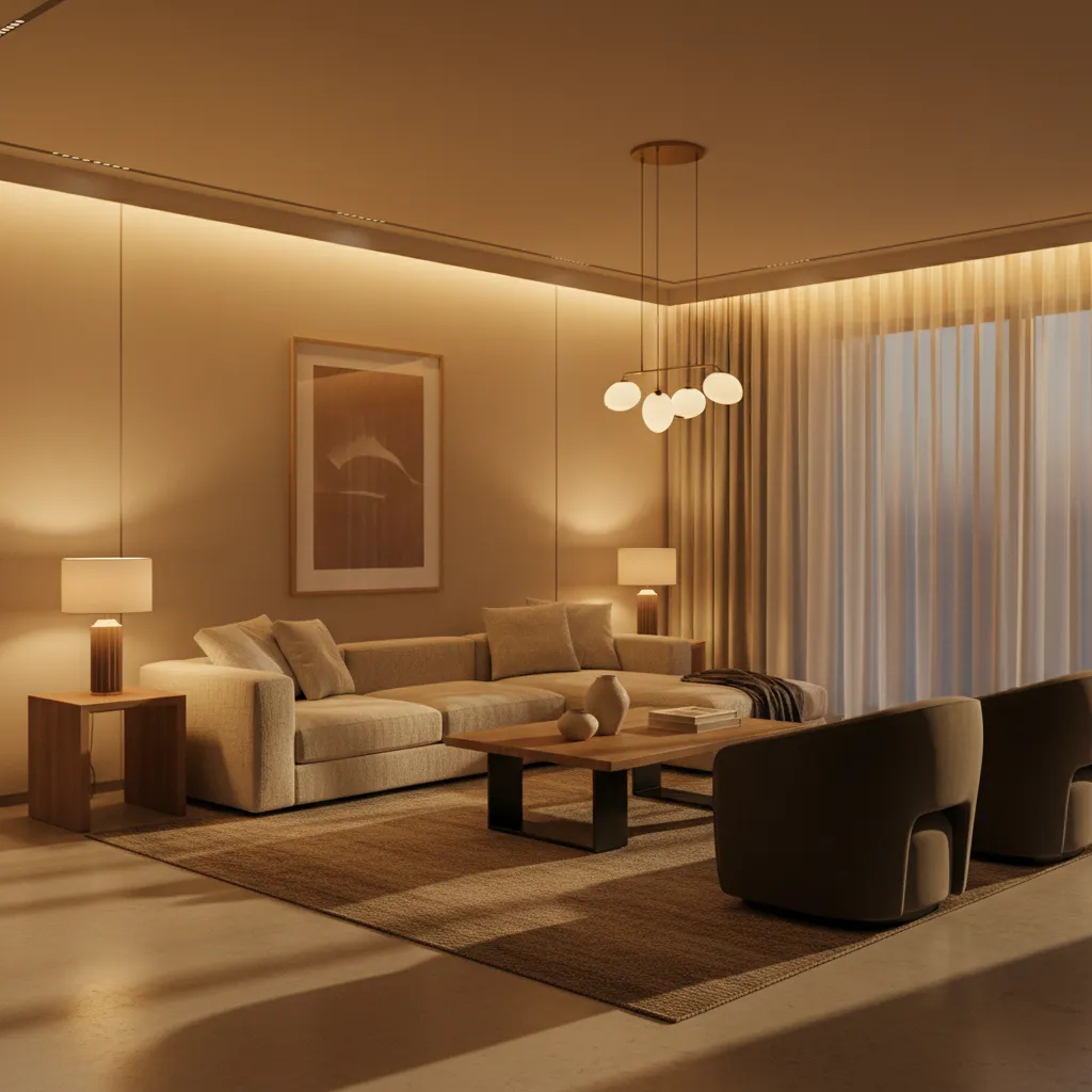 Modern living room with beige sofa wooden coffee table two armchairs and warm ceiling light
