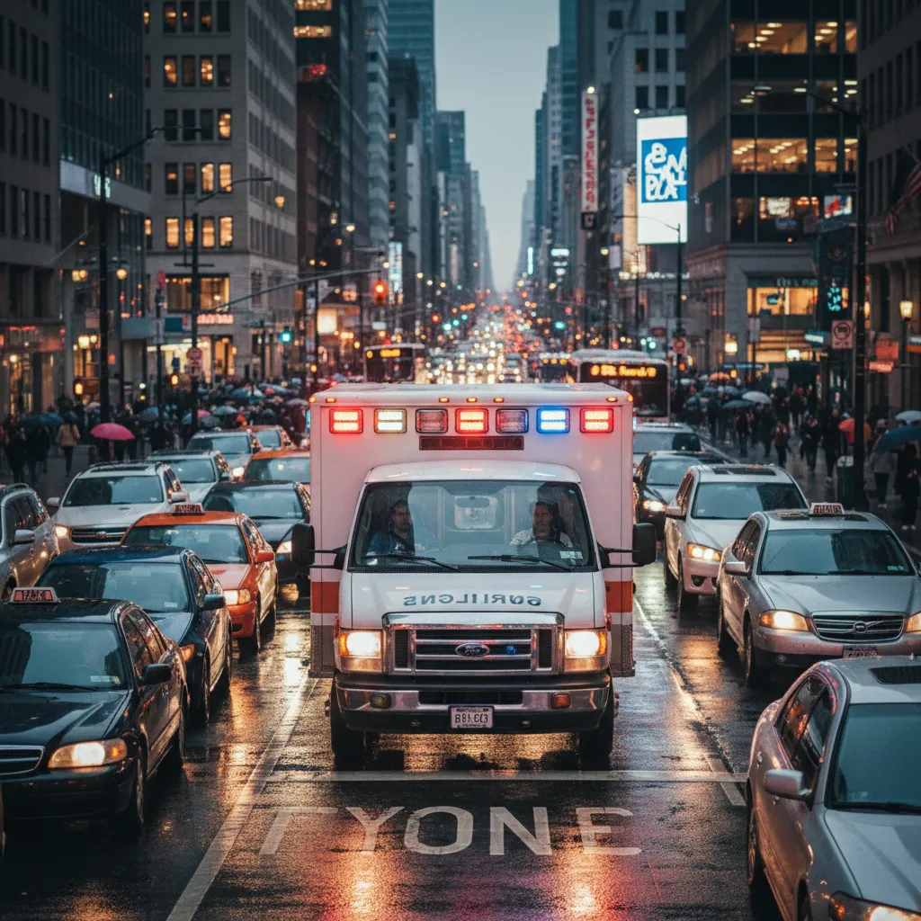 Ambulance with bright flashing lights moving through city traffic