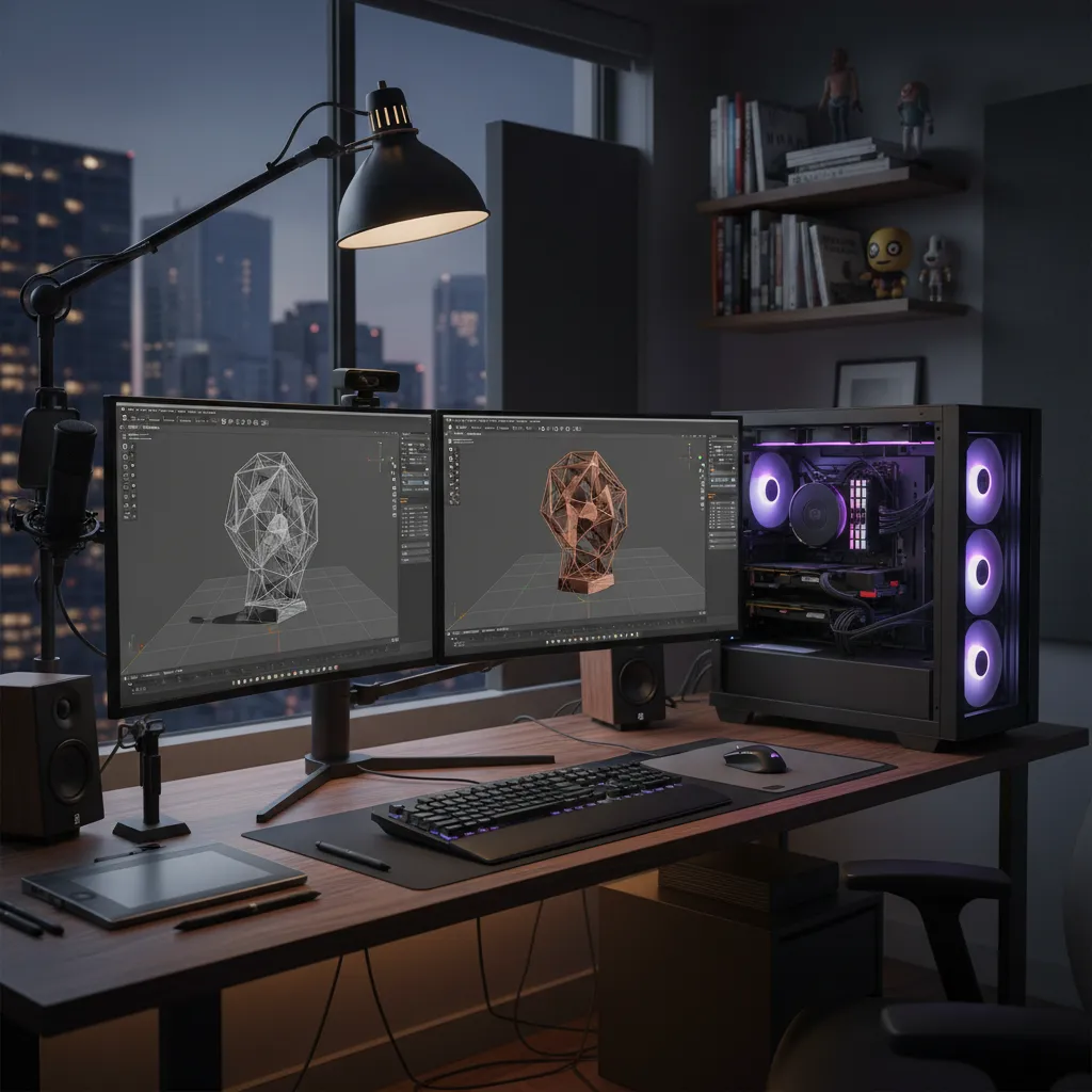 3D artist workstation with AMD based PC rendering a complex scene