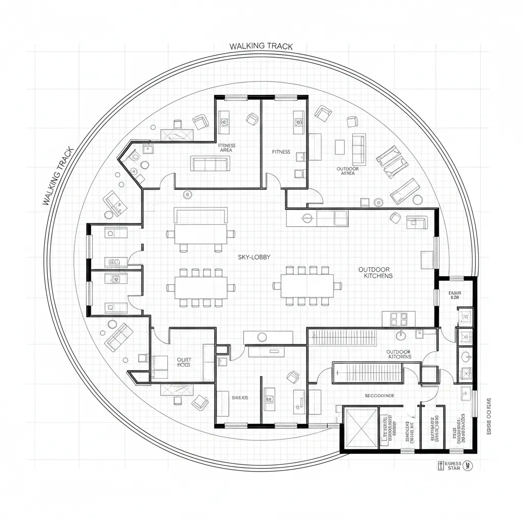Top-down CAD plan of amenity deck with sky-lobby, loop track, pods, fitness, and outdoor kitchens