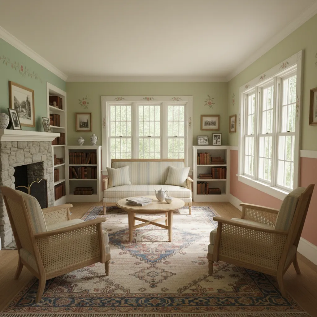 Bright 1920s American cottage living room with light wood furniture and soft pastel colors