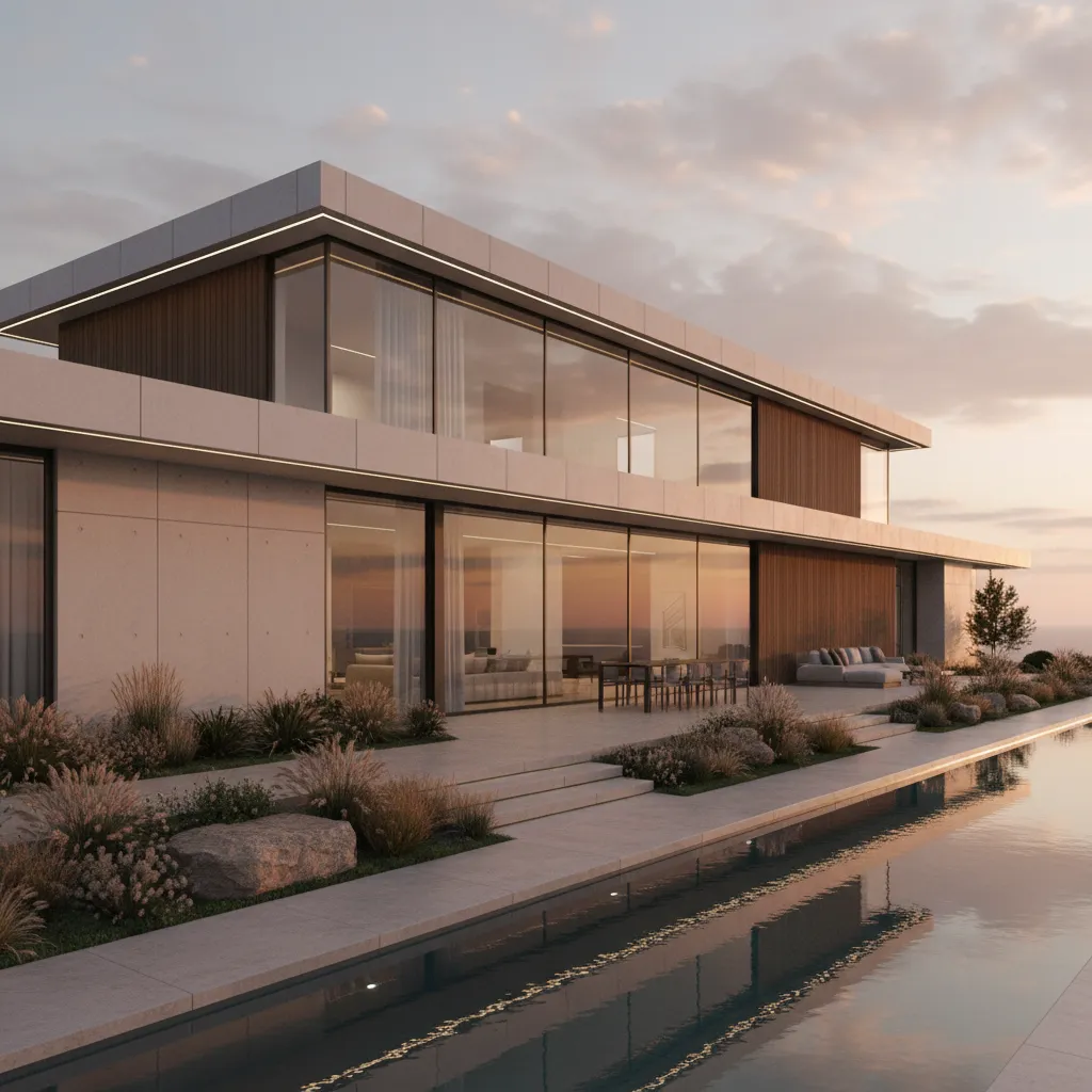 Render 3D de una casa moderna con jardín y grandes ventanales