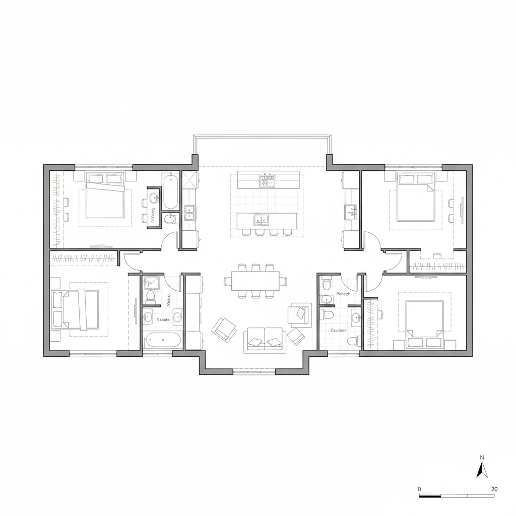 Plano de casa americana con cocina abierta y dormitorios separados
