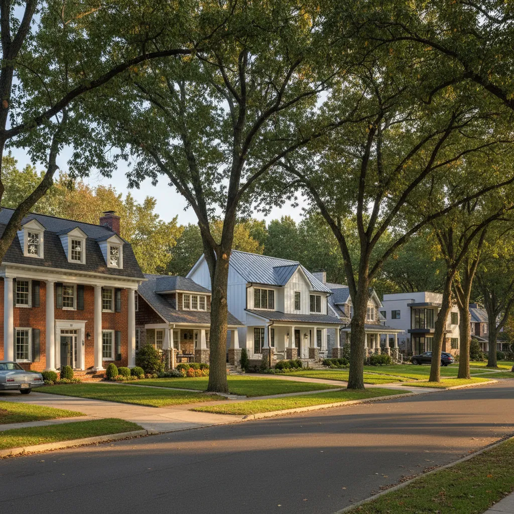 Diferentes estilos de casas en suburbios de Estados Unidos