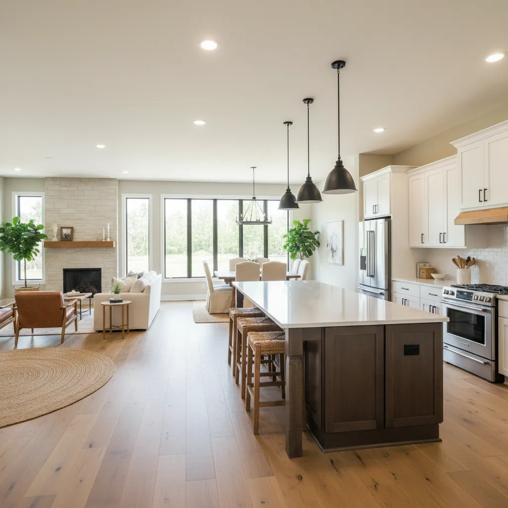 Interior de casa americana con concepto abierto entre sala, comedor y cocina