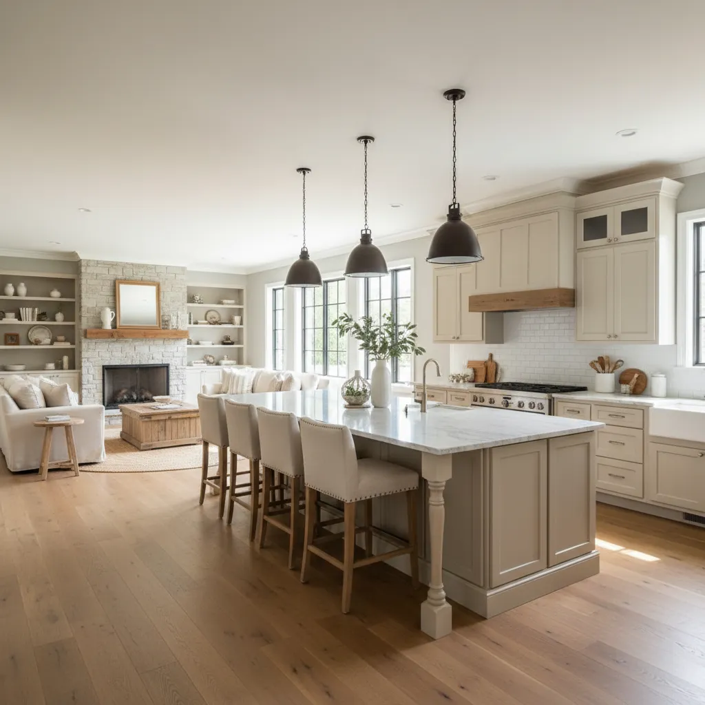 Interior rumah American style dengan ruang keluarga dan dapur terbuka