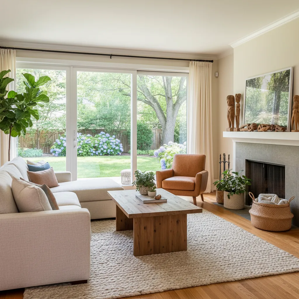 Rumah American style dengan pintu kaca menuju taman belakang