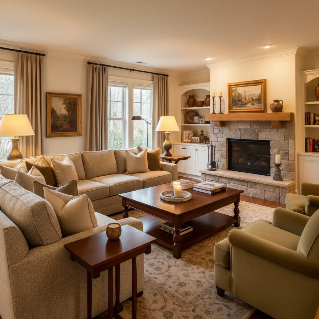 Salón acogedor con sofá grande y iluminación cálida