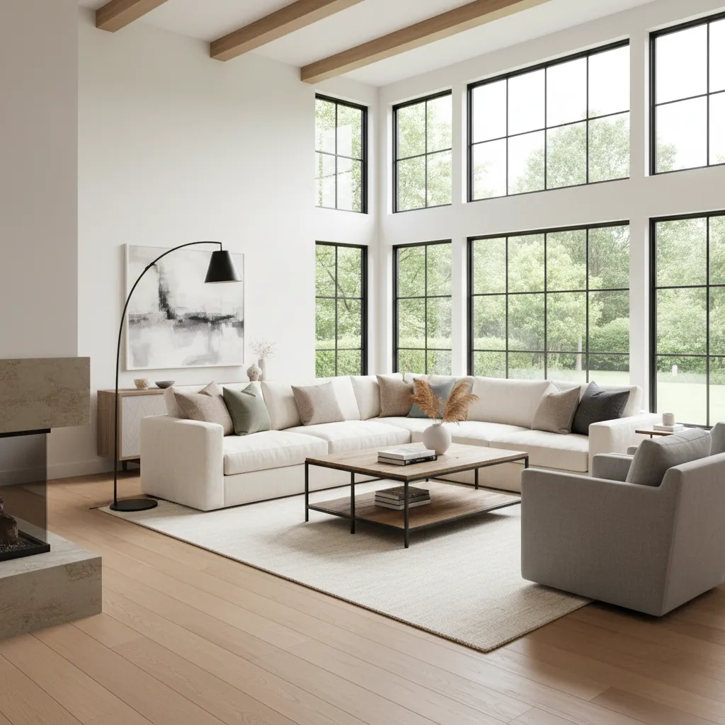 Phòng khách phong cách Mỹ với sofa lớn và cửa sổ rộng
