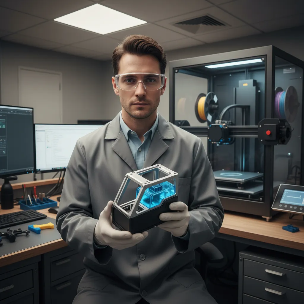 engineer inspecting finished multi material 3D print from AMF workflow