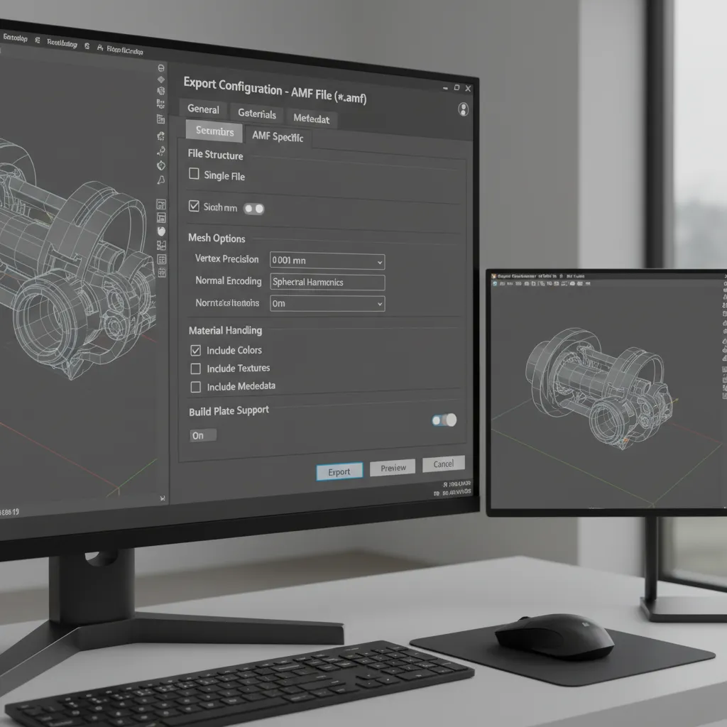 3D modeling software export settings panel for AMF file configuration