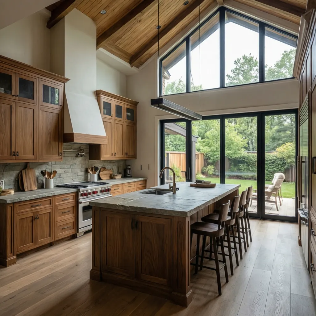 Cocina ampliada con isla central y techo alto