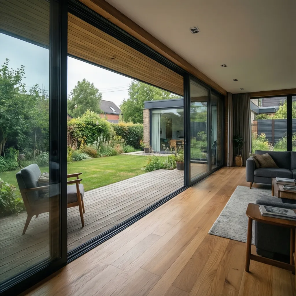 Ampliación de salón con ventanales hacia el jardín