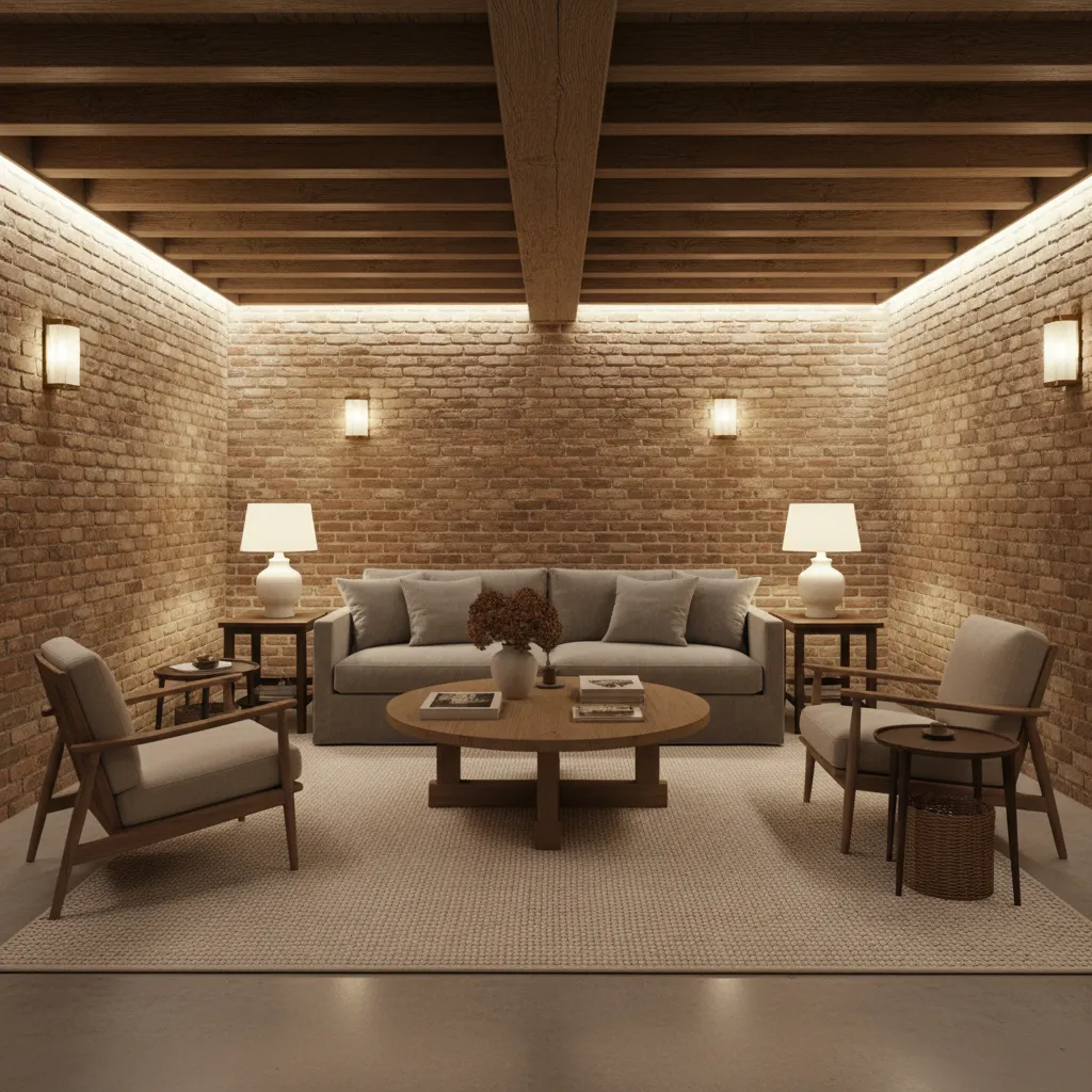 Cozy Amsterdam style basement living area with warm lighting and Dutch interior design elements