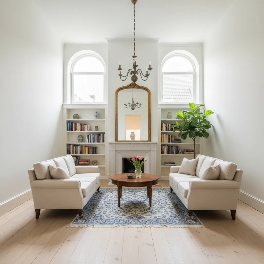 Traditional Amsterdam canal house living room with tall windows and narrow layout