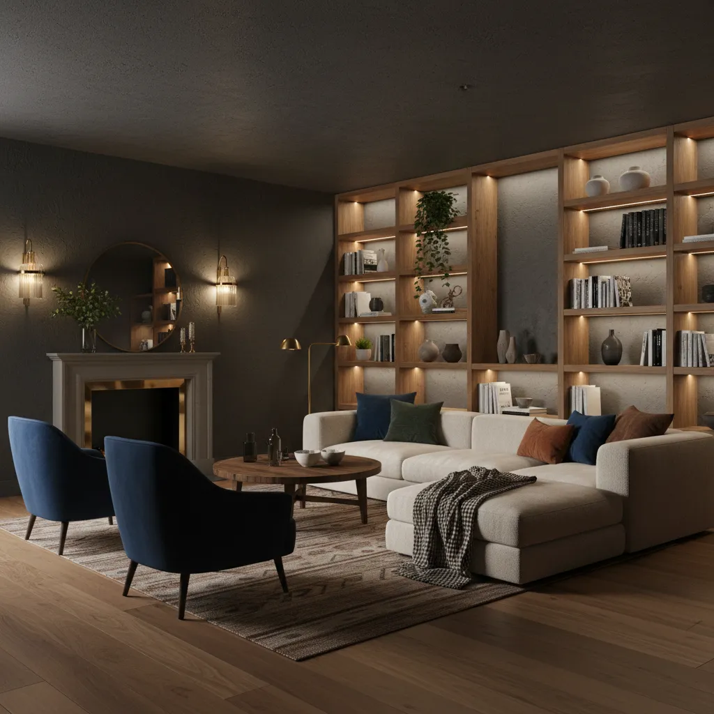 Amsterdam canal house inspired basement with dark walls and warm lighting