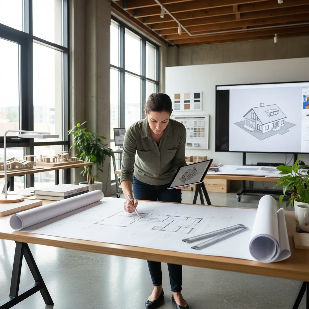 arquiteto analisando planta de casa em escritório moderno