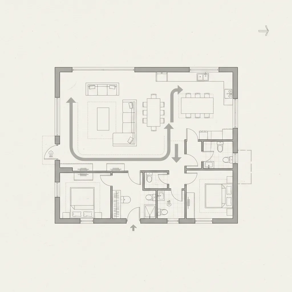 Plano mostrando rutas de circulación dentro de una vivienda