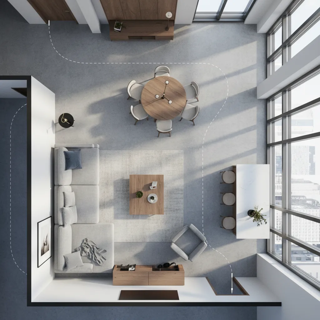 Diseño de sala mostrando espacios de circulación entre muebles