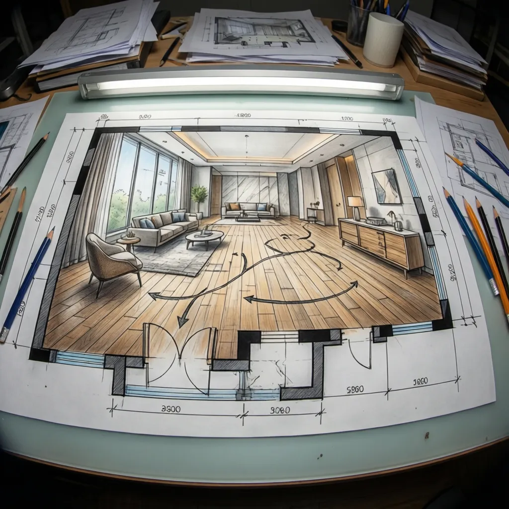 Plano con líneas de circulación dibujadas en diseño de interiores