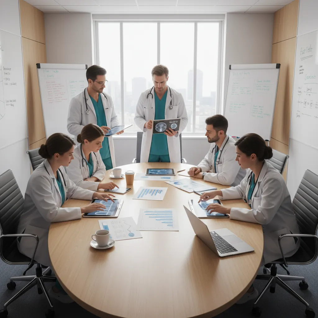 Equipo médico discutiendo resultados de varios casos clínicos