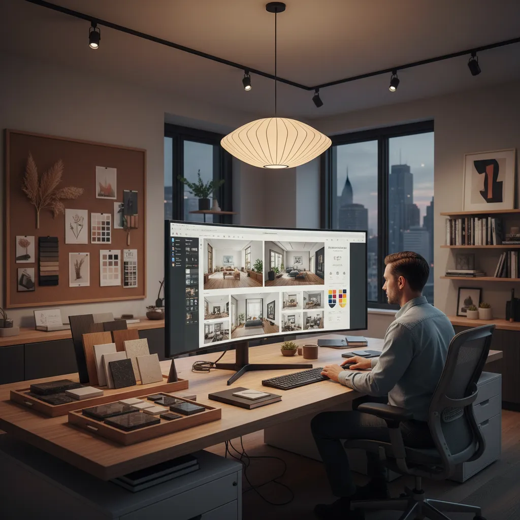 Pantalla mostrando diferentes estudios de diseño de interiores comparados