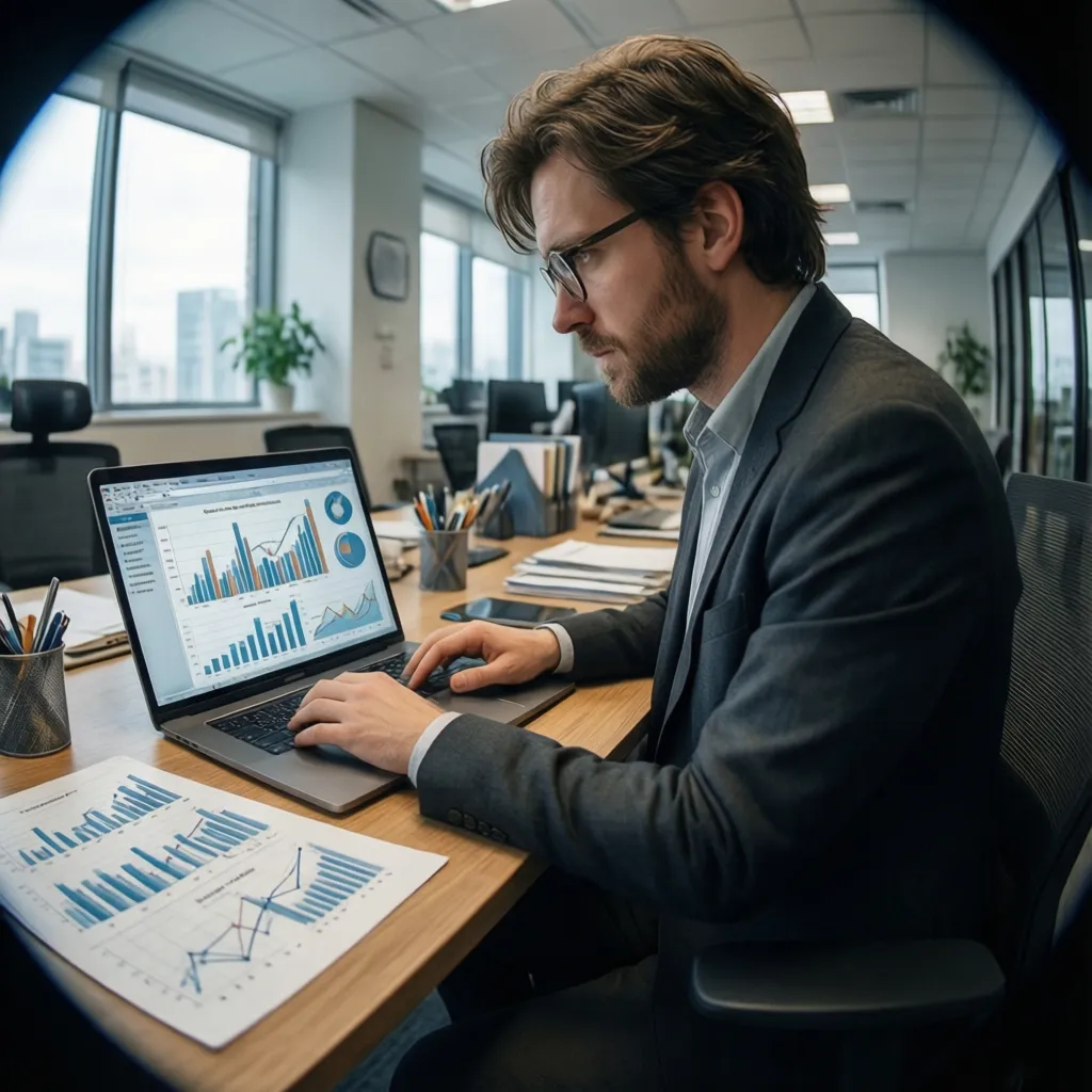 Businessman in suit working on laptop computer showing bar charts next to printed data papers