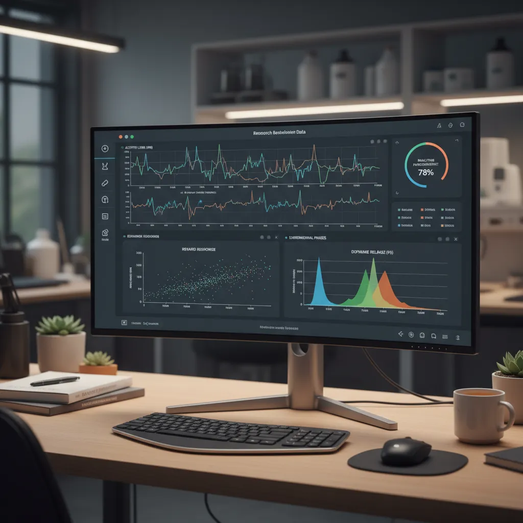 Computer monitor on office desk showing data screen with colorful line graphs and white cup