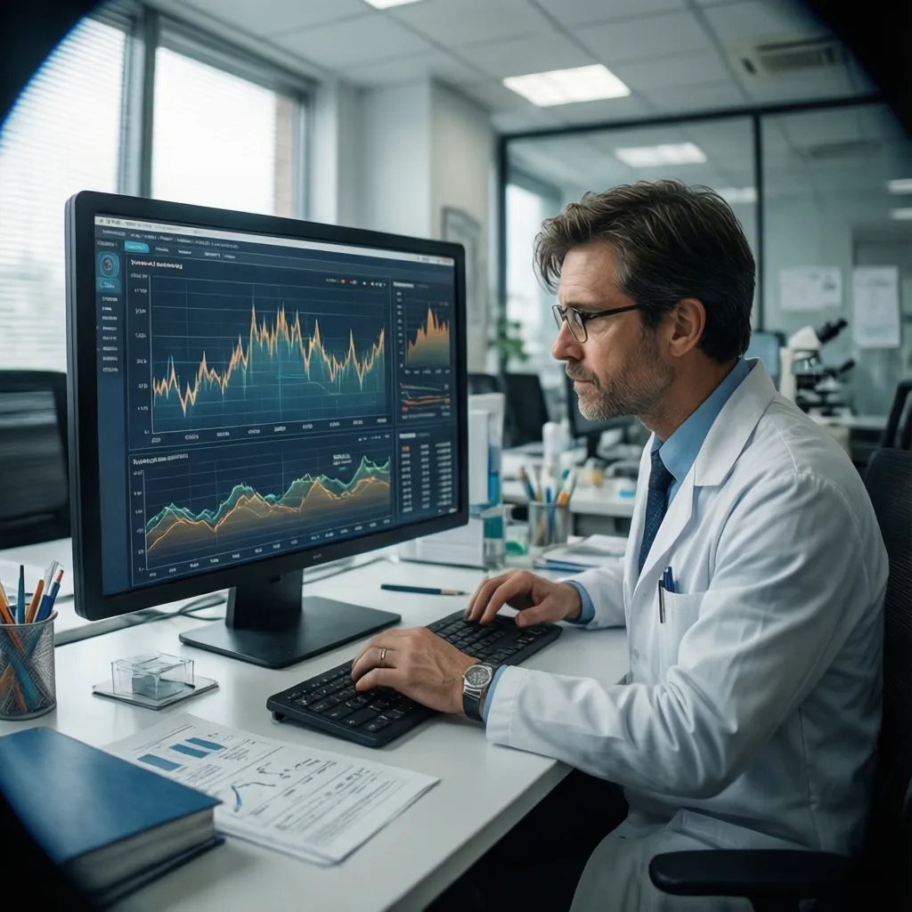 Professional in a white coat looking at a monitor displaying medical line charts and graphs