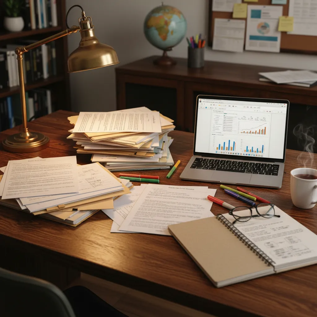 Investigador revisando entrevistas y documentos educativos en un escritorio