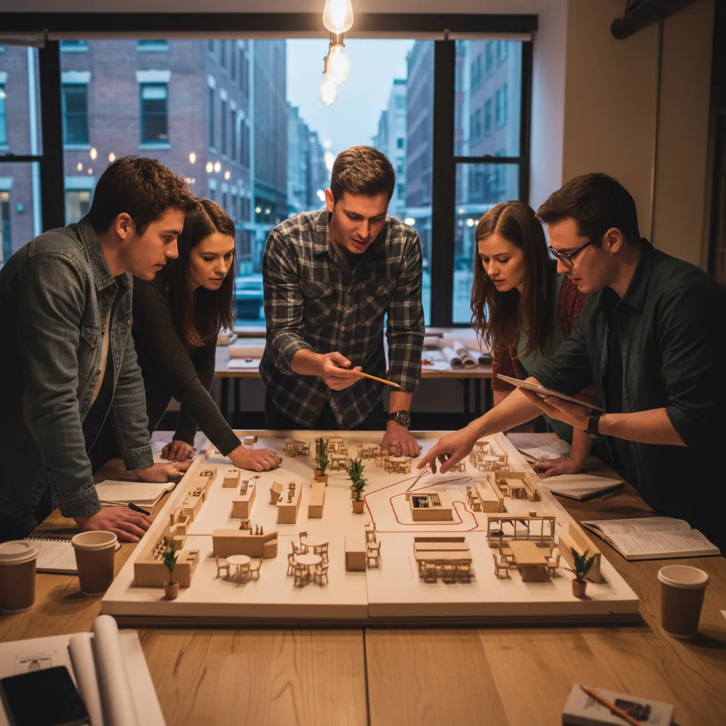 Five people studying a detailed interior design model of a room layout on a table