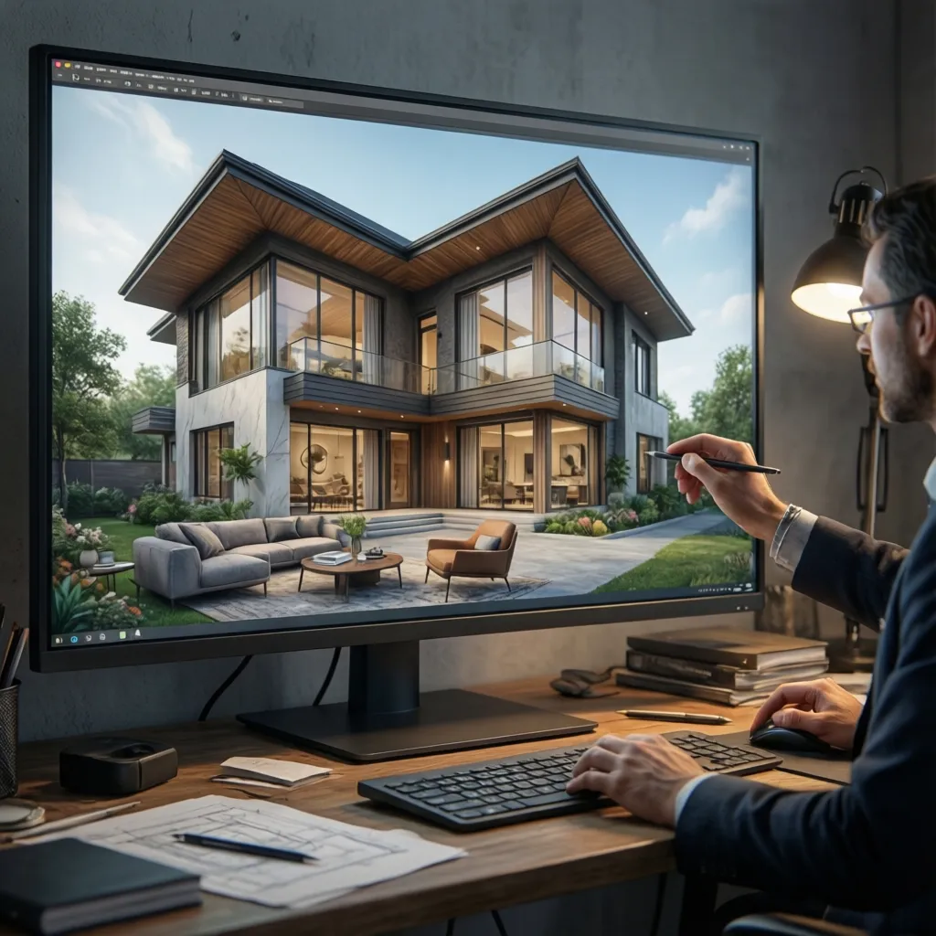 Diseñador analizando un modelo 3D de fachada en pantalla