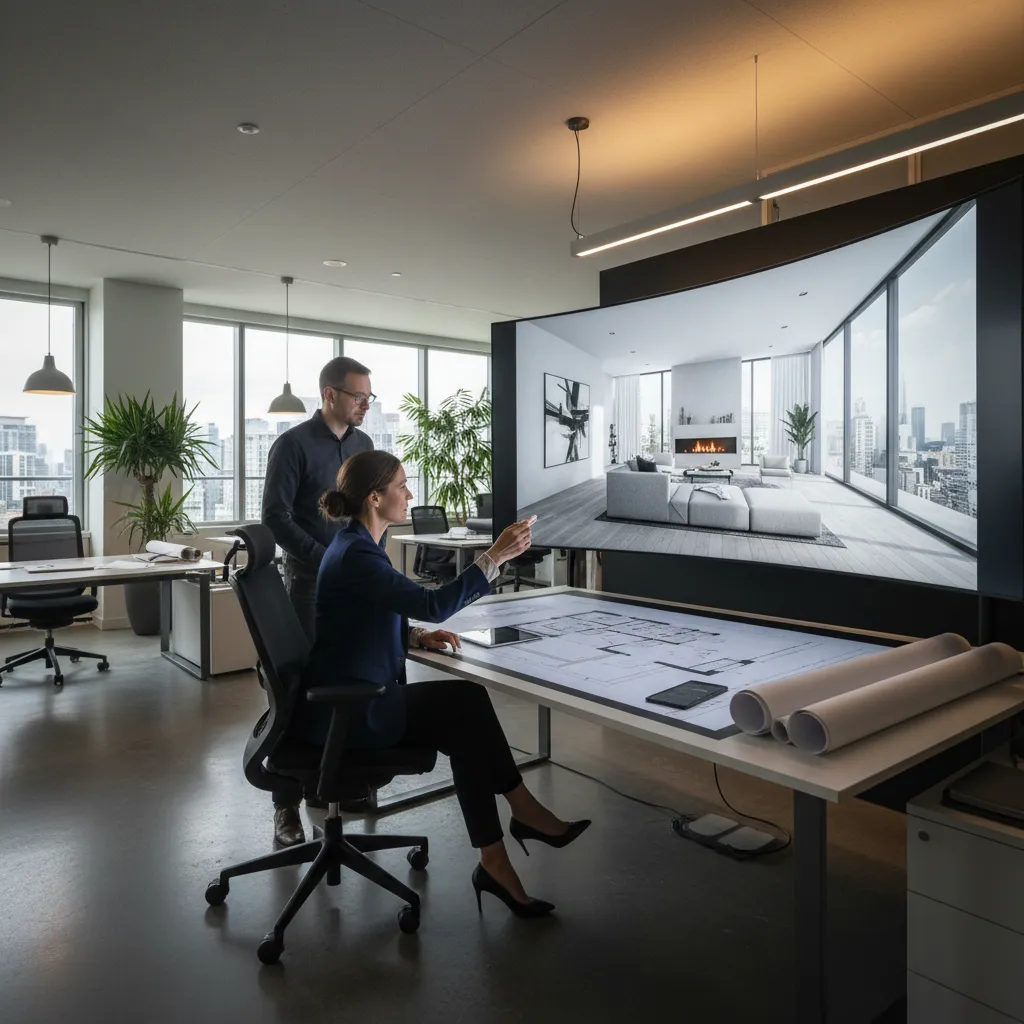 Diseñador analizando un modelo 3D de interiorismo
