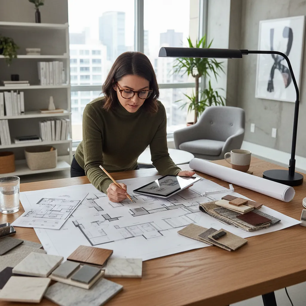 Diseñador analizando distribución interior en plano de vivienda