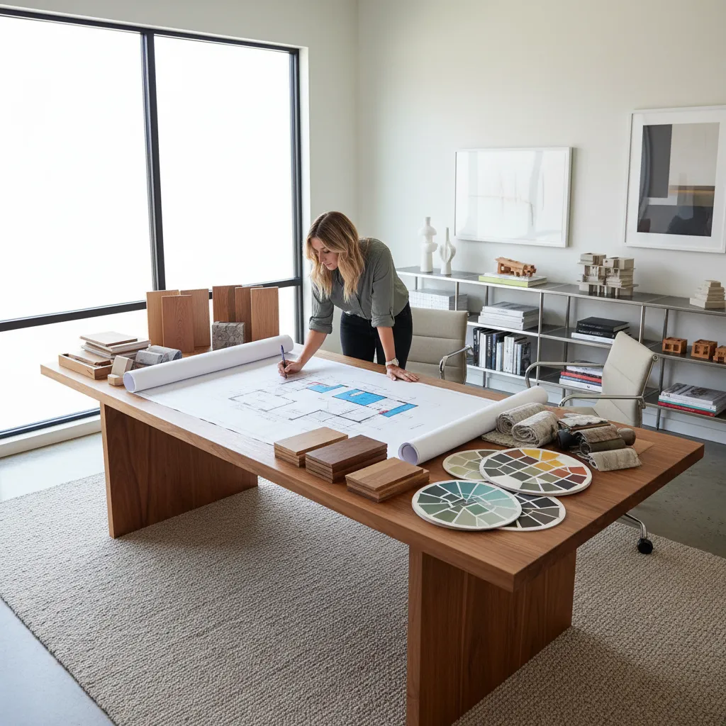 diseñador analizando planos y muestras de materiales