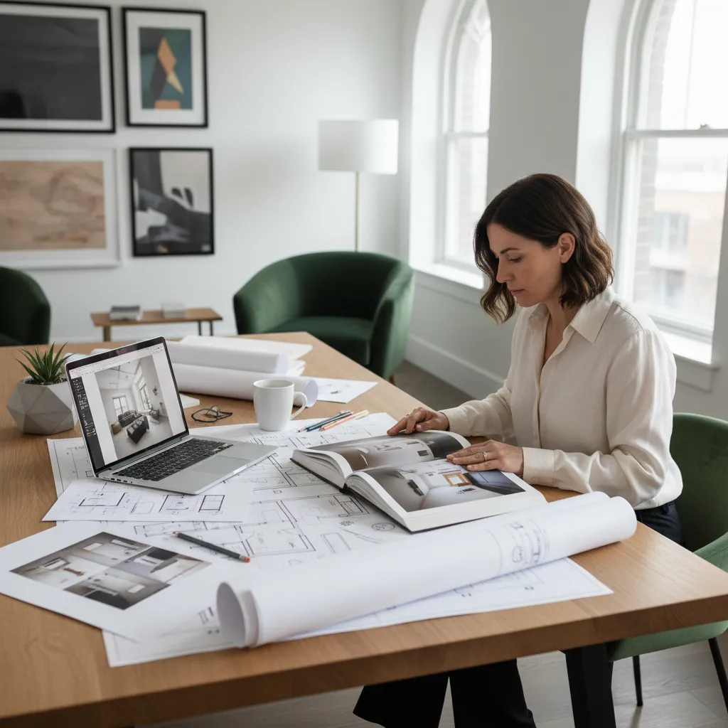 Diseñador revisando un libro de interiorismo junto a planos de una vivienda