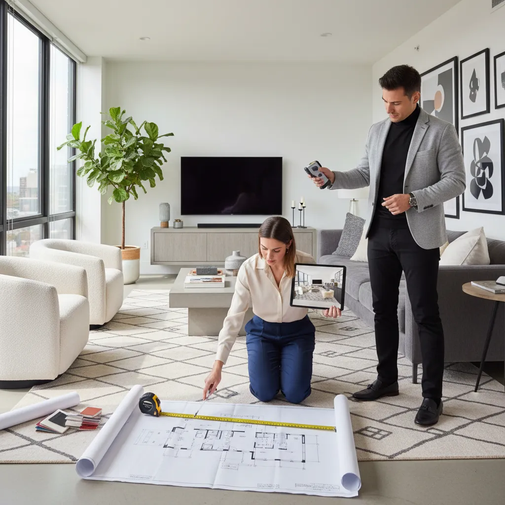 Diseñador analizando distribución de un salón moderno