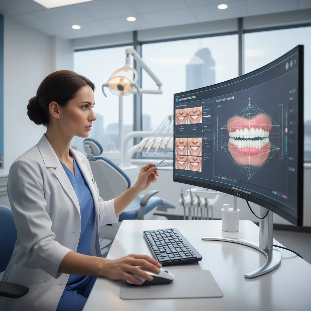 Dentista analizando digitalmente una sonrisa en pantalla