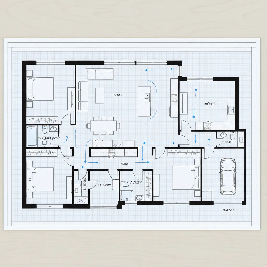 Vista superior de plano de casa con zonas de circulación marcadas