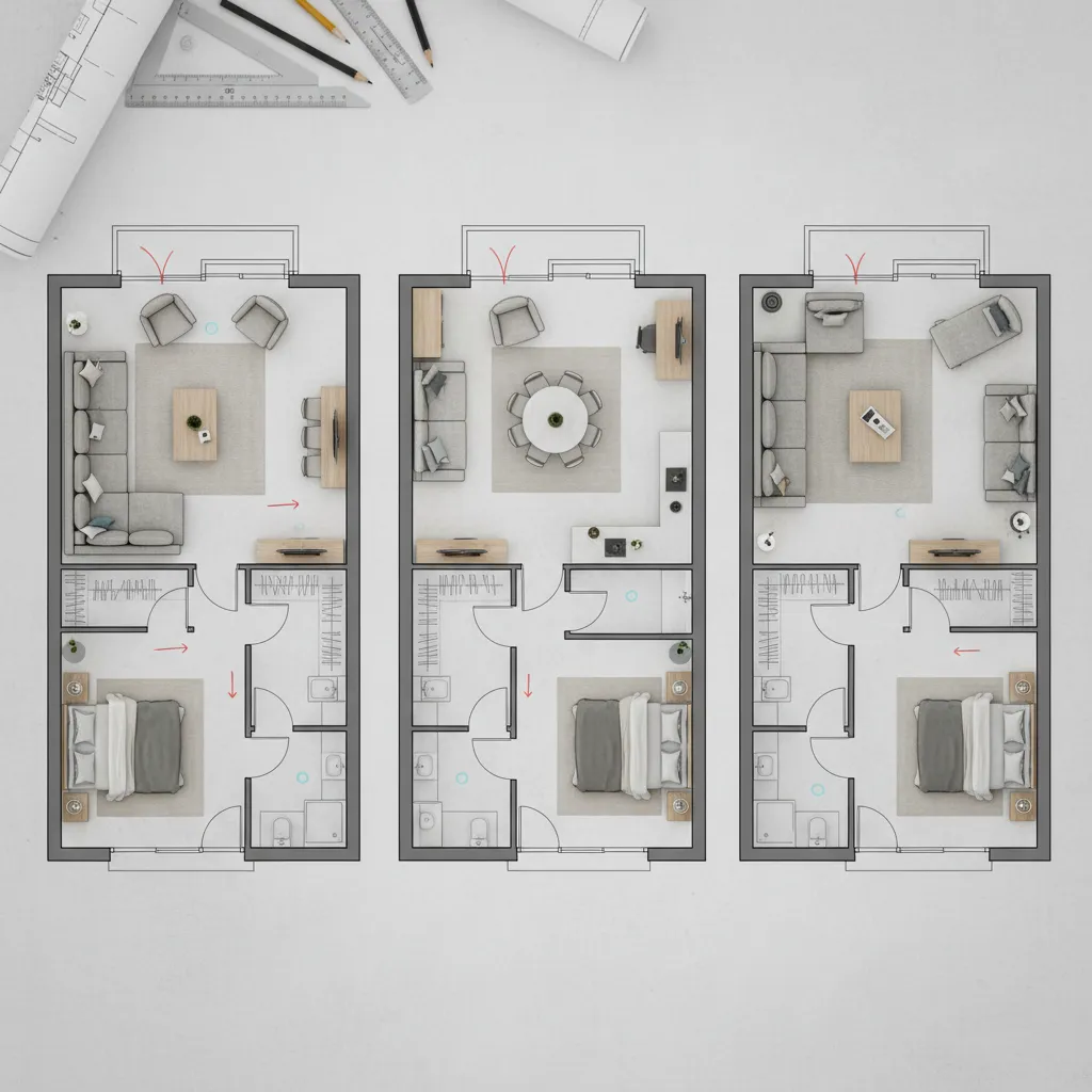 Plano de apartamento con diferentes distribuciones de muebles