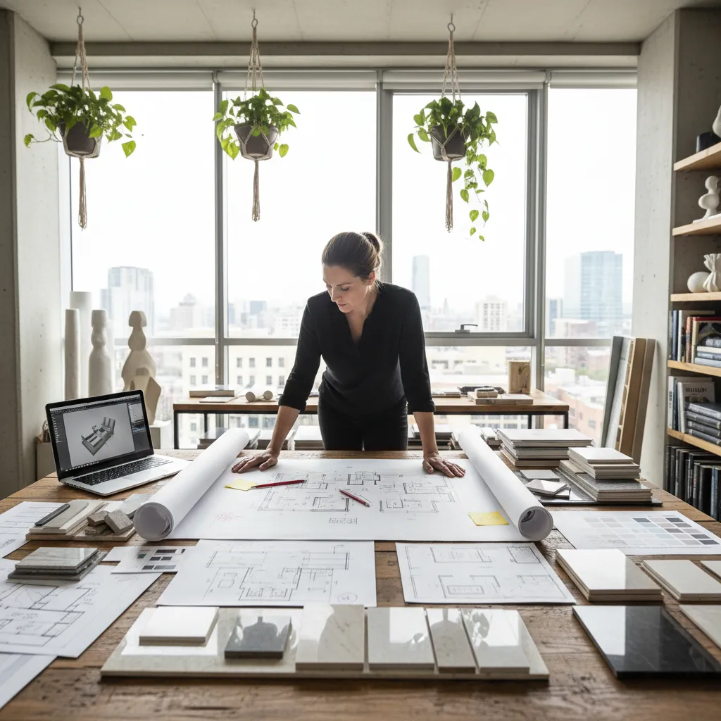 Interior designer looking at floor plan drawings on a large table with laptop and plants