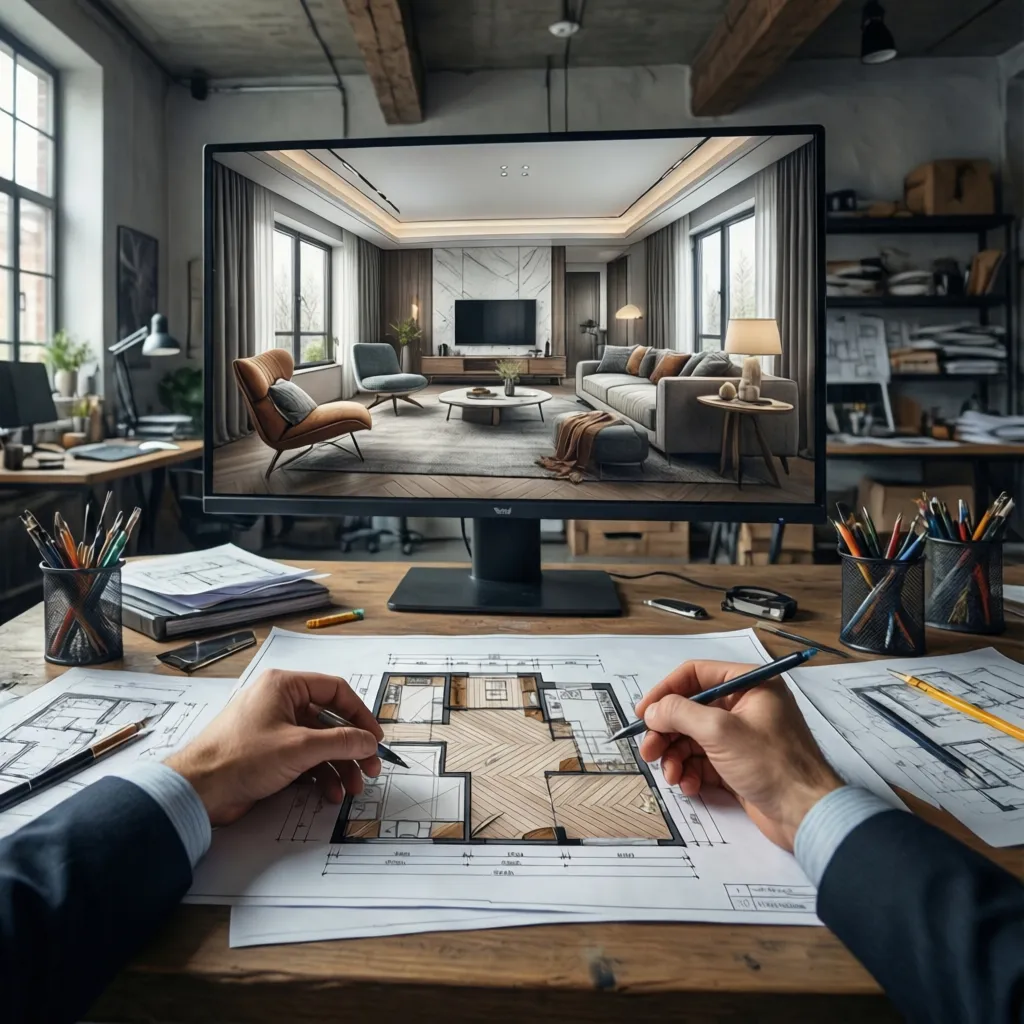 Diseñador analizando distribución de una habitación en plano y modelo 3D