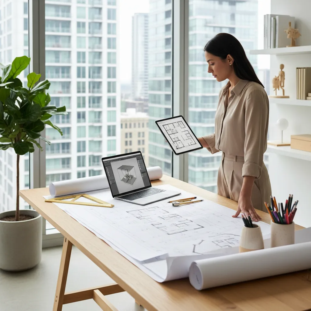 Diseñador revisando distribución interior con planos y tablet