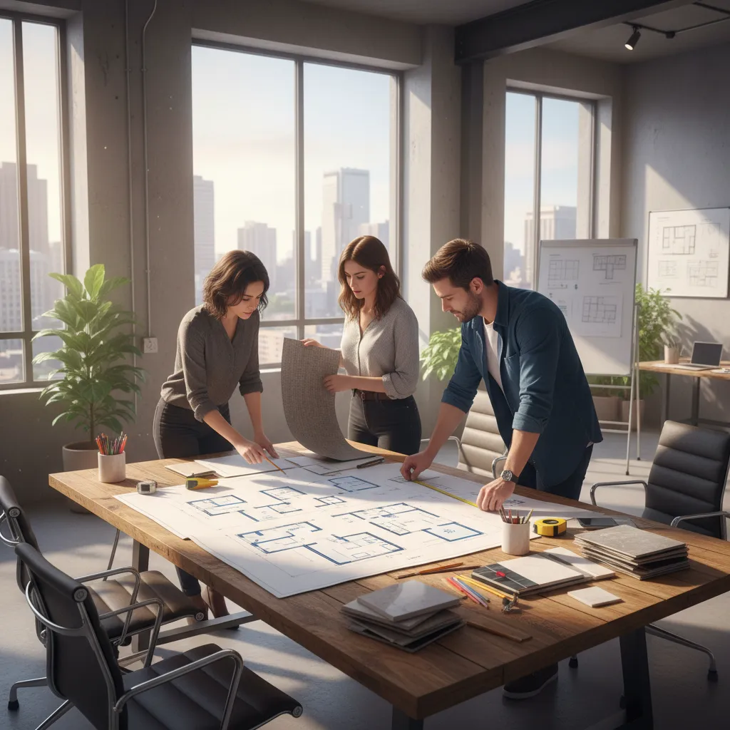 Three designers reviewing a large house floor plan layout on wooden table in bright office